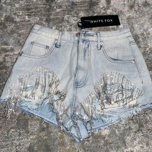 white fox boutique angel energy denim shorts with diamond fringe SMALL
